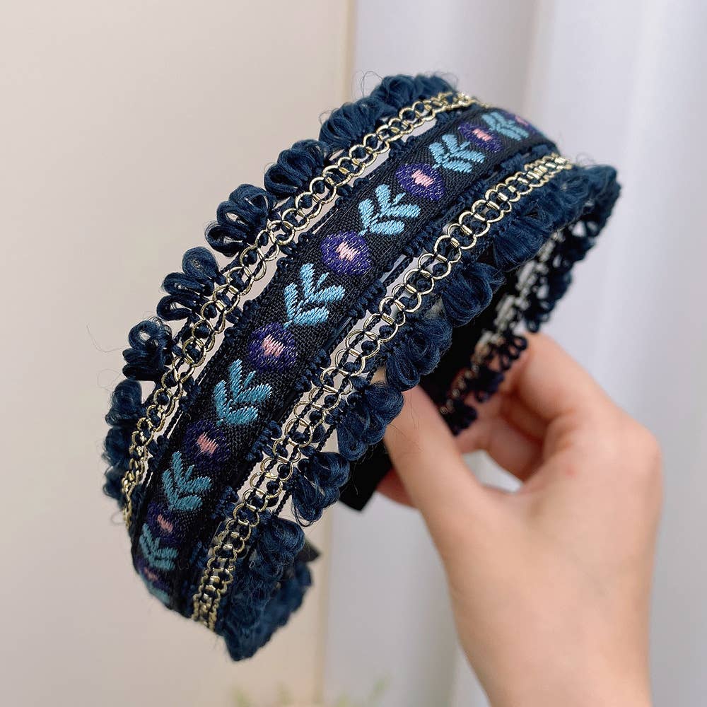 Boho Embroidered Floral Fabric Hair Bands: Brown-A