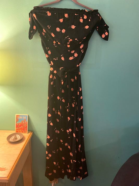 Black floral long dress with front tie