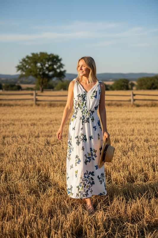 White floral elastic waist dress