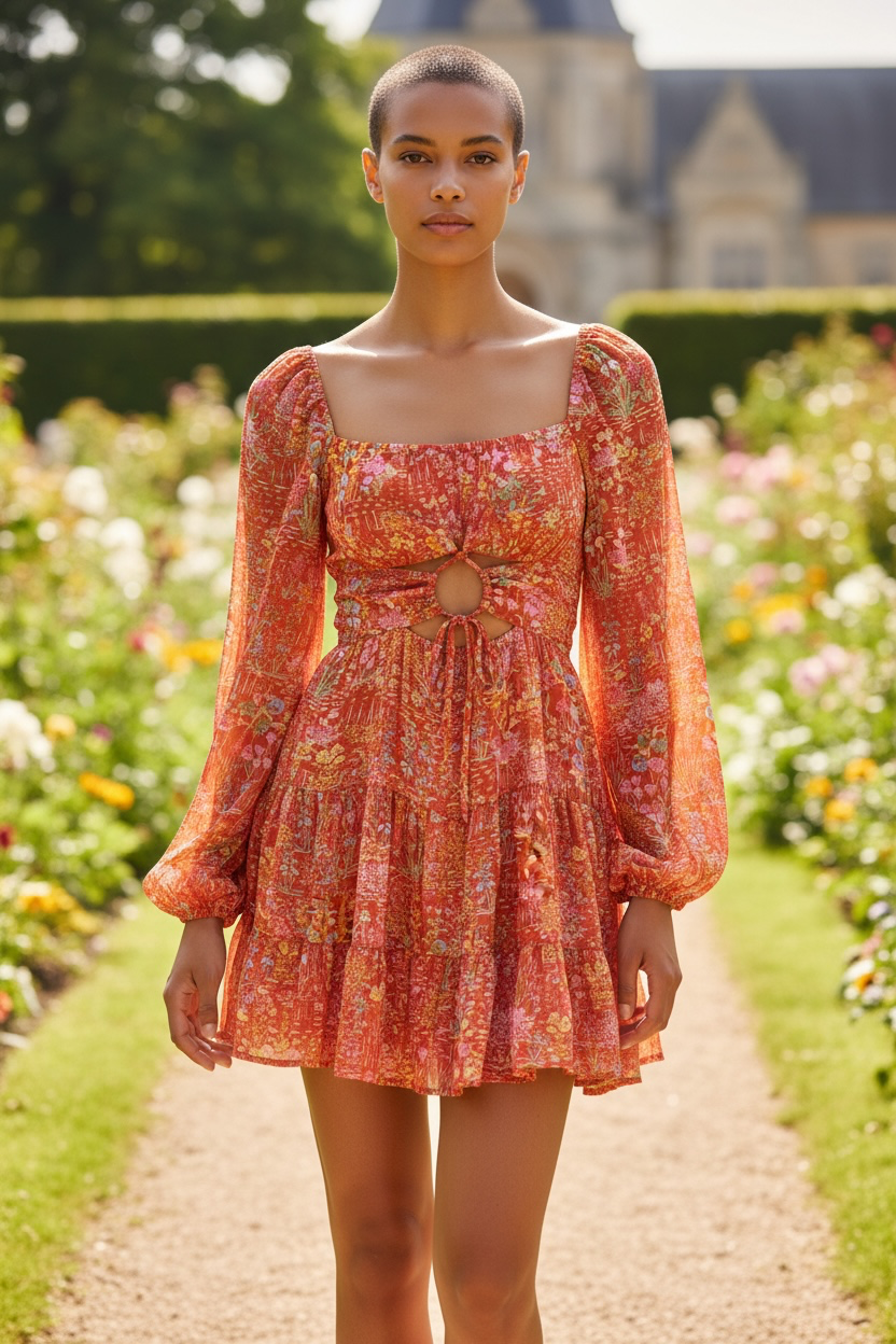 Floral orange dress back open .