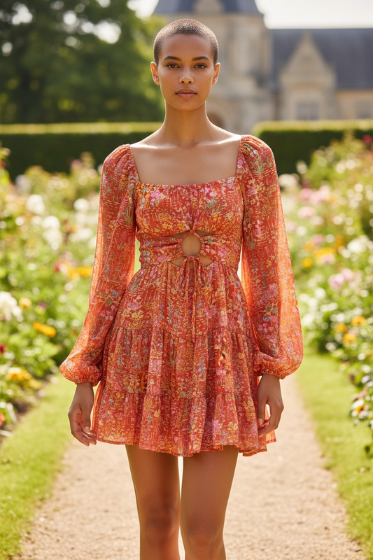 Floral orange dress back open .