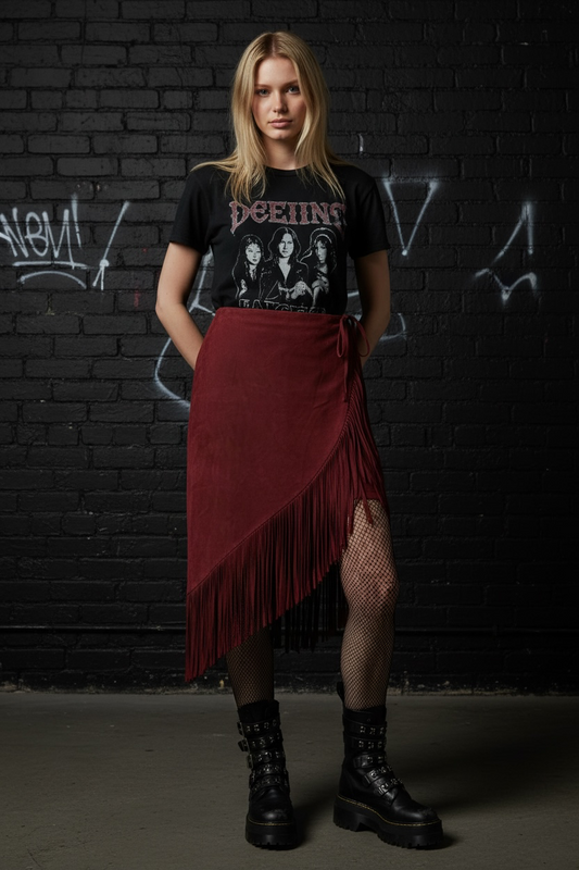 Burgundy fringe skirt side slit