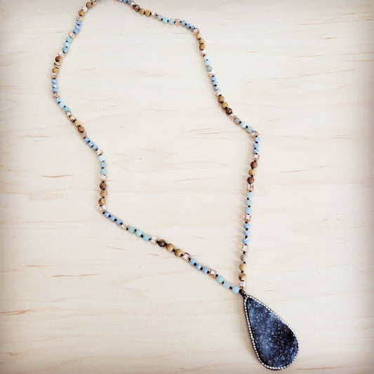 **Amazonite Long Beaded Necklace w/ Druzy Pendant 262u
