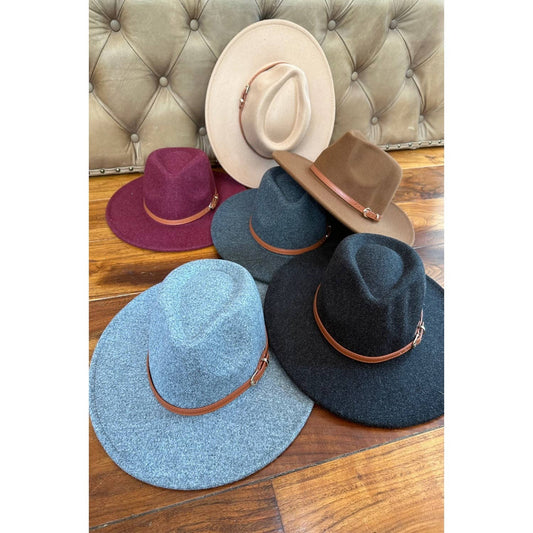 Wide Brim Fedora Hat With leather Belt: CHARCOAL / ONE SIZE