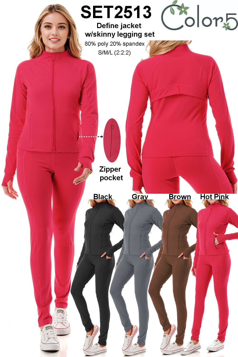 Solid color activewear define jacket with yoga legging set  : Black