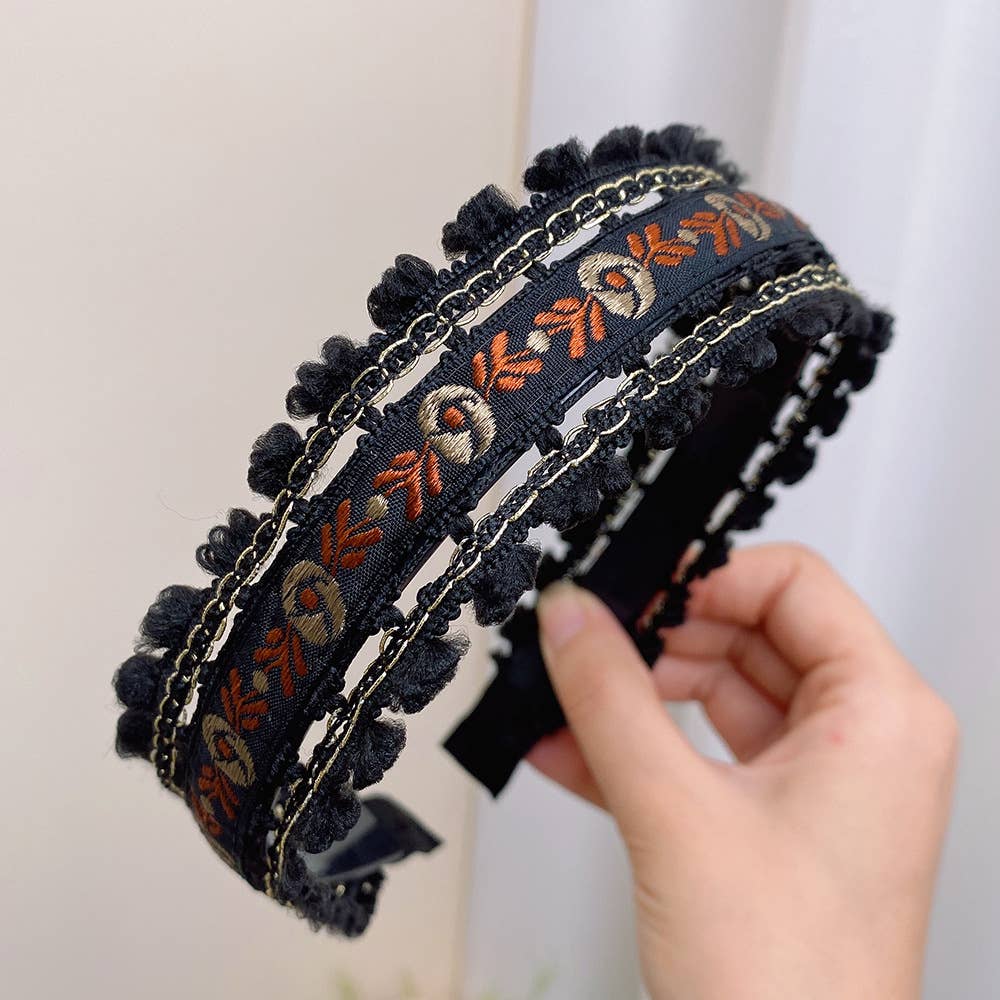 Boho Embroidered Floral Fabric Hair Bands: Black