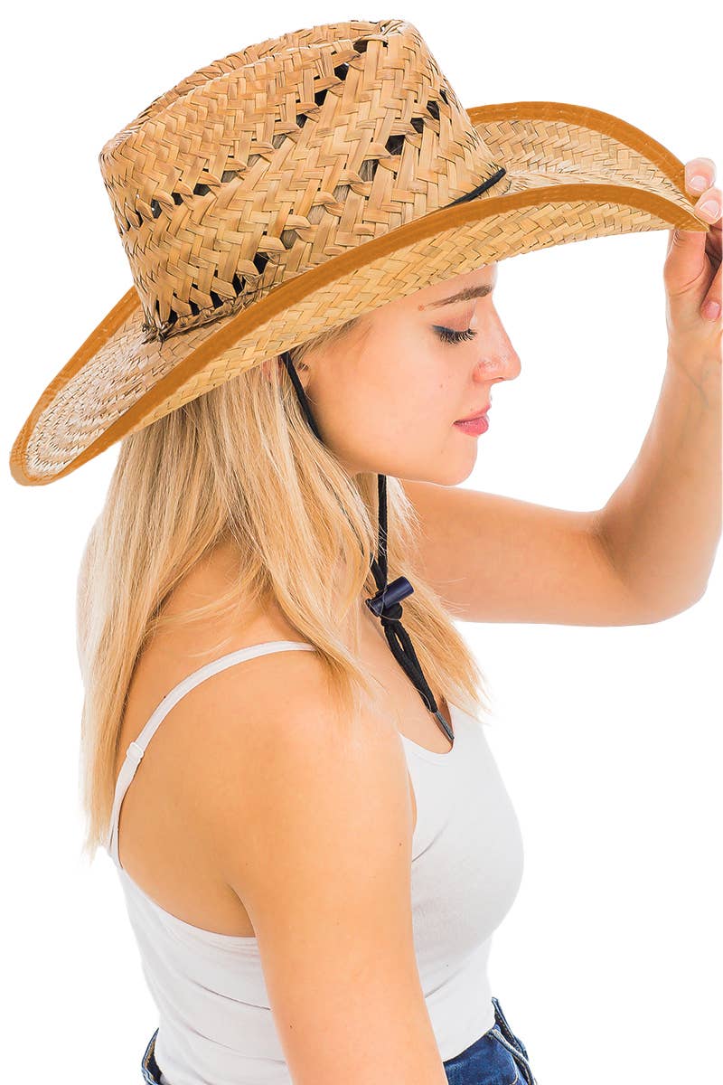 Biggs Crown Stiff Natural Straw Outdoor Cowboy Hat: Tan Trim