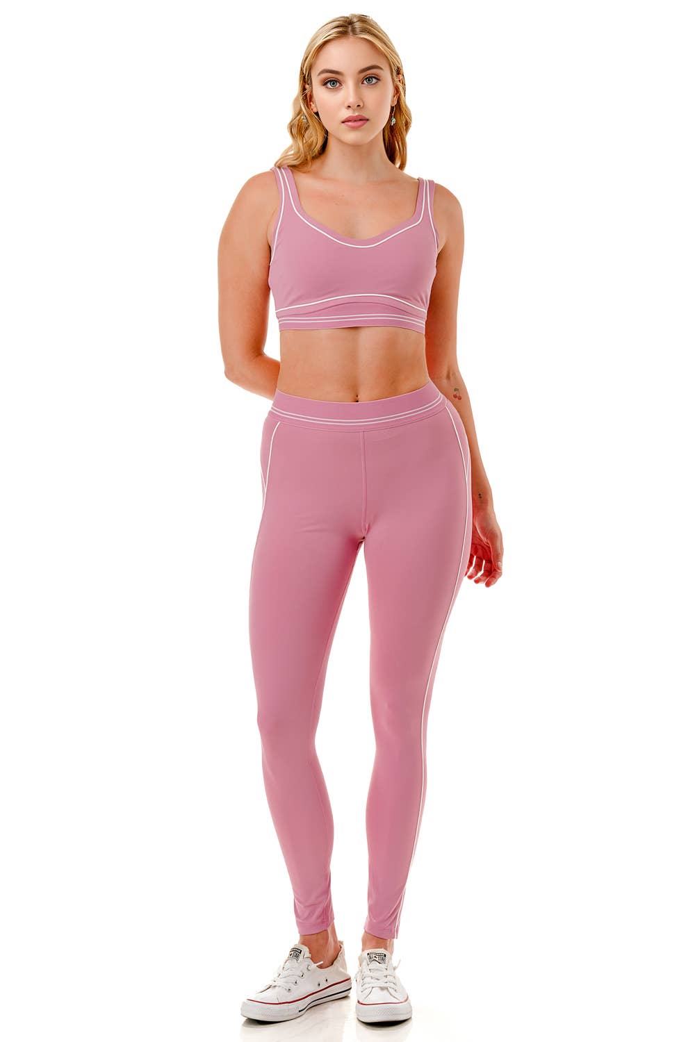 Premium sports bra with matching white trim line legging set: Black