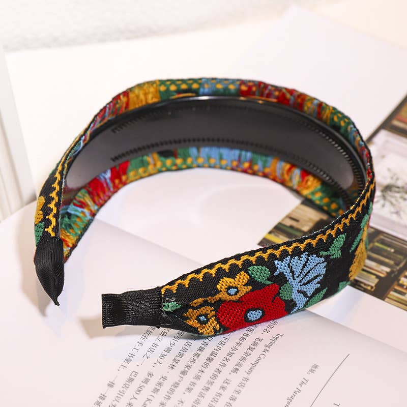 Bohemian Flower Embroidery Retro Non-Slip Hair Bands: Green
