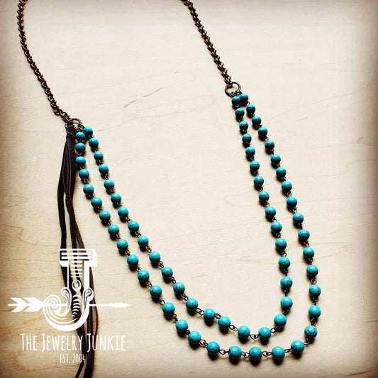 Double Strand Blue Turquoise Beaded Necklace, Leather Tassel