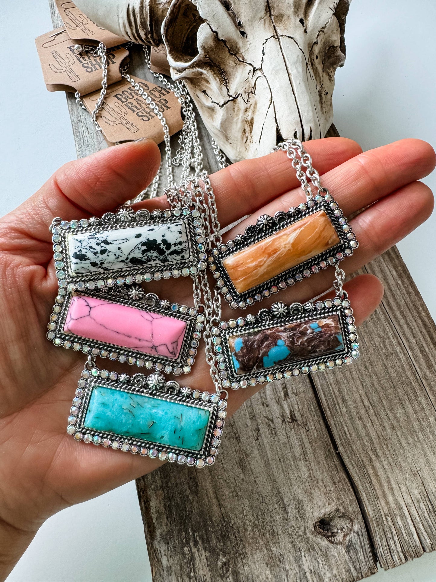 Western Semi Stone Bar Necklace - with Rhinestone edge: TURQUOISE/ BROWN