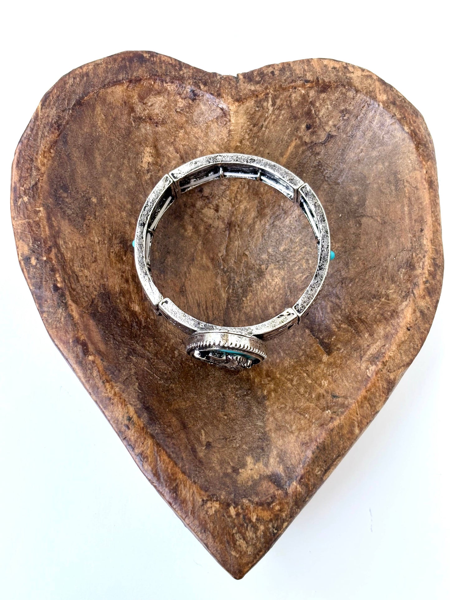 Western Style Stone Pendant Engraved Aztec Stretch Bracelet: Turquoise Horse
