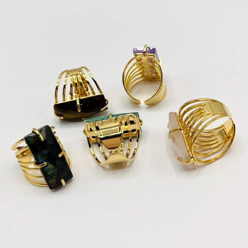 Crystal Rectangle Gemstone Gold-Plated Cigar Ring: C - Amethyst