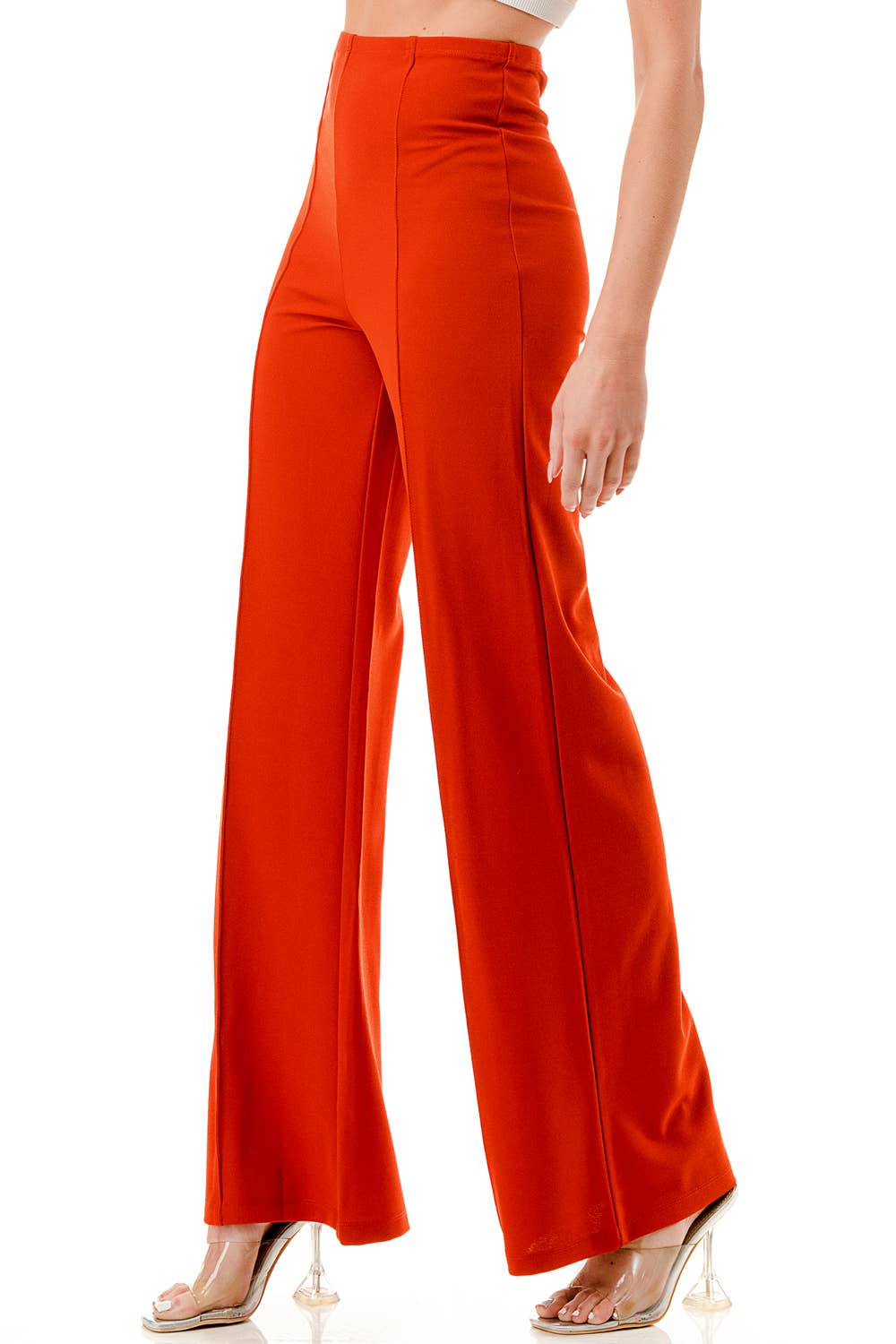 Solid color wide leg high waist dressy pants with trim line: Rust