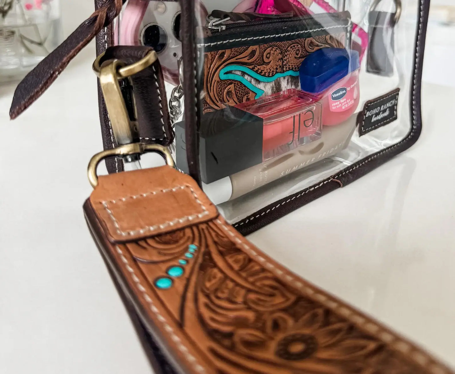 Hand Tooled Leather Keychain - Key Fob: SKINNY - TAN