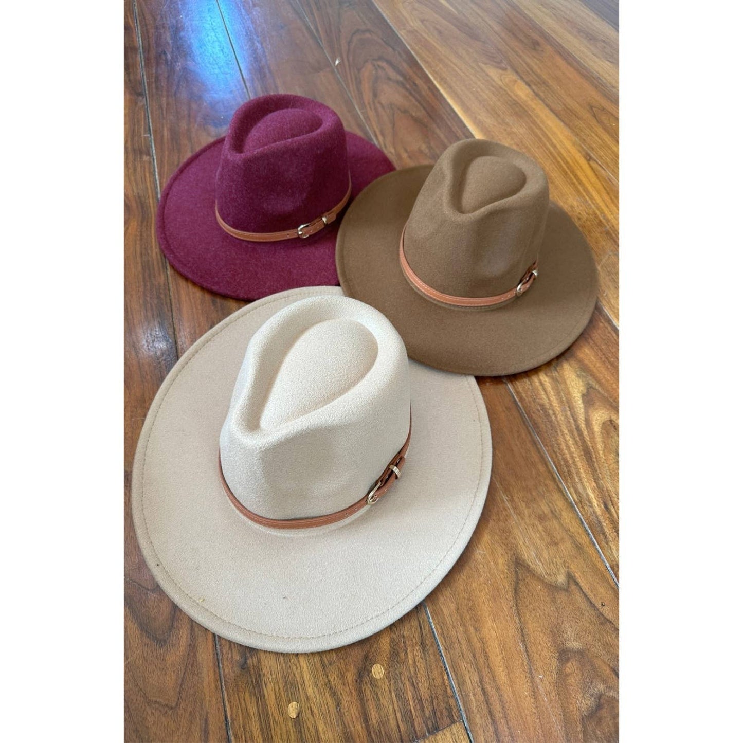 Wide Brim Fedora Hat With leather Belt: CHARCOAL / ONE SIZE