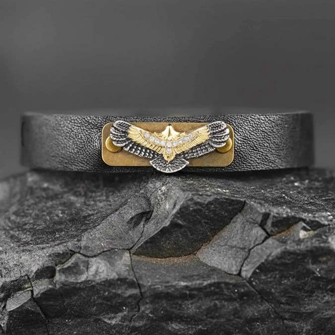 Leather Stacker Cuff w/ Freedom Eagle and Delicate Crystals: Black