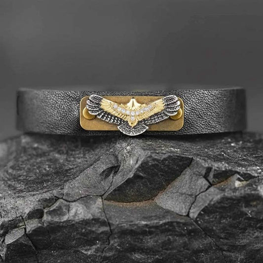 Leather Stacker Cuff w/ Freedom Eagle and Delicate Crystals: Black