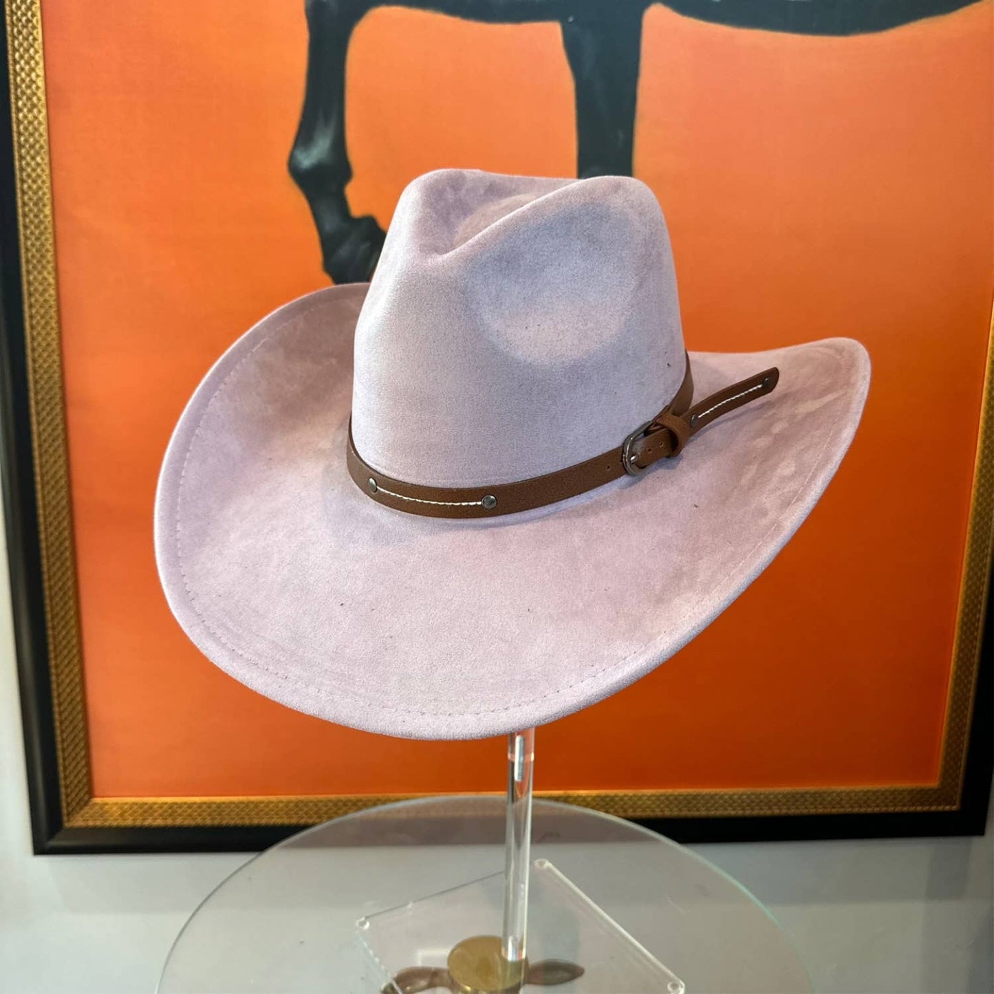 Vegan Suede Cowboy hat stiff Brim W/ Leather  Belt: OLIVE / ONE SIZE