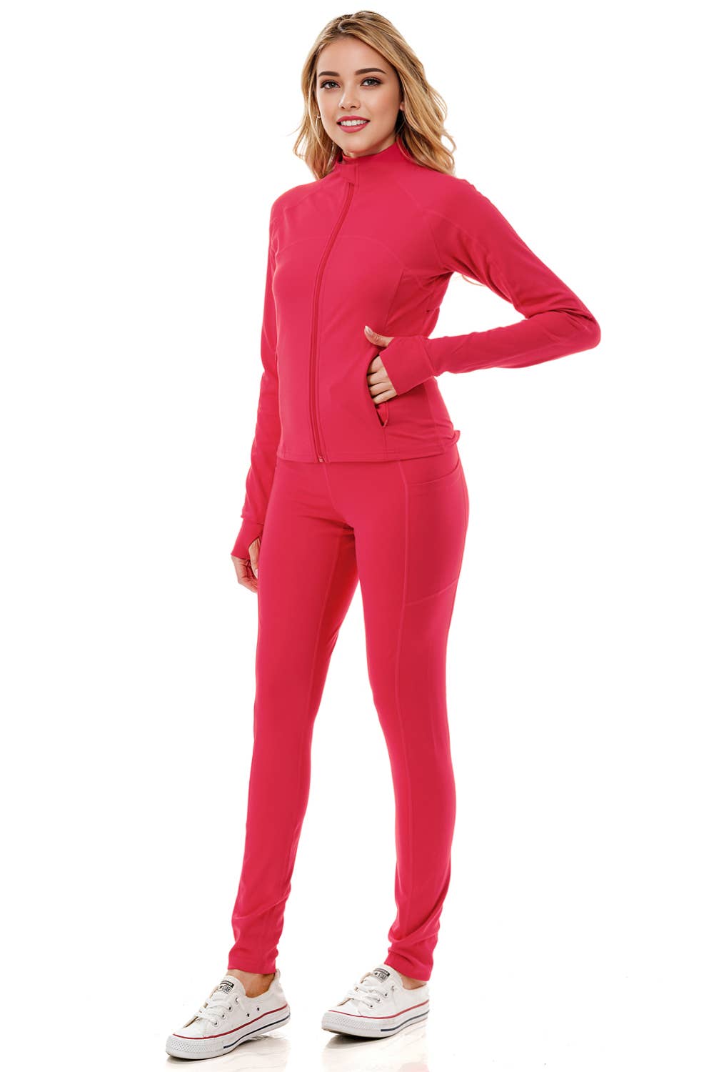 Solid color activewear define jacket with yoga legging set  : Black