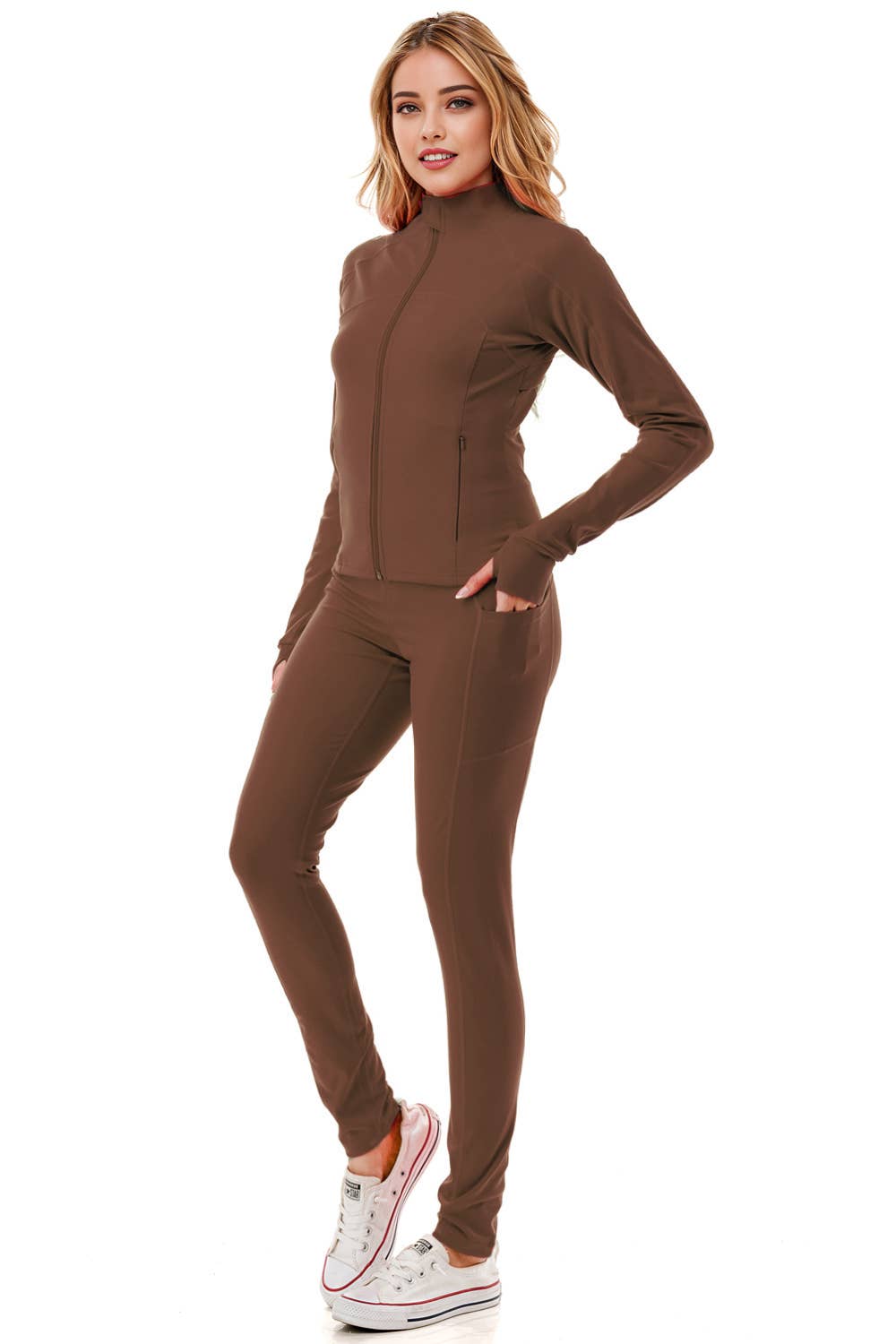 Solid color activewear define jacket with yoga legging set  : Black