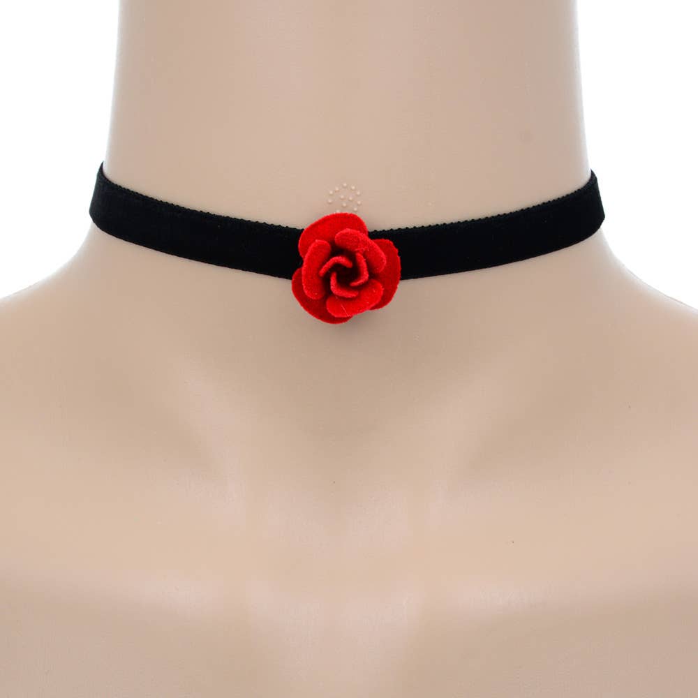 Red Rose Velvet Choker Necklace: Red