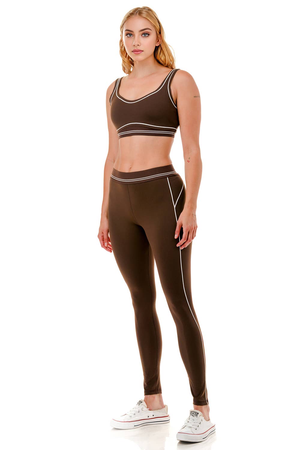 Premium sports bra with matching white trim line legging set: Black