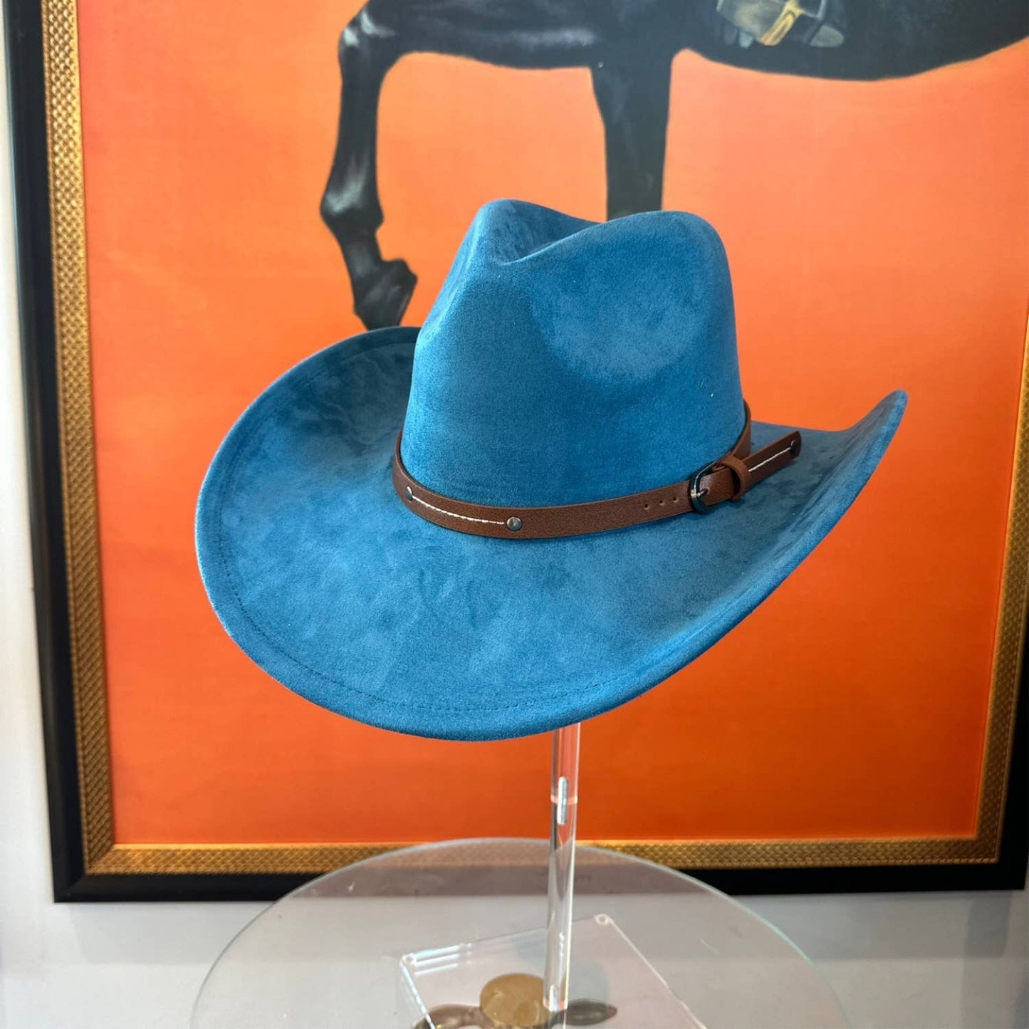 Vegan Suede Cowboy hat stiff Brim W/ Leather  Belt: TEAL / ONE SIZE