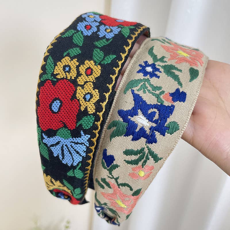 Bohemian Flower Embroidery Retro Non-Slip Hair Bands: Green