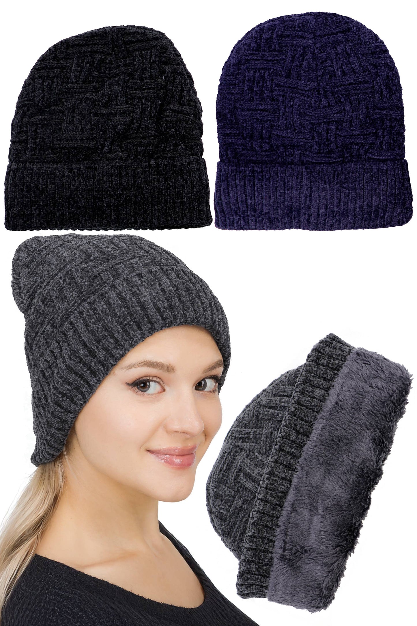Velvety Chenille Basket Knitted Fleece Lined Beanie