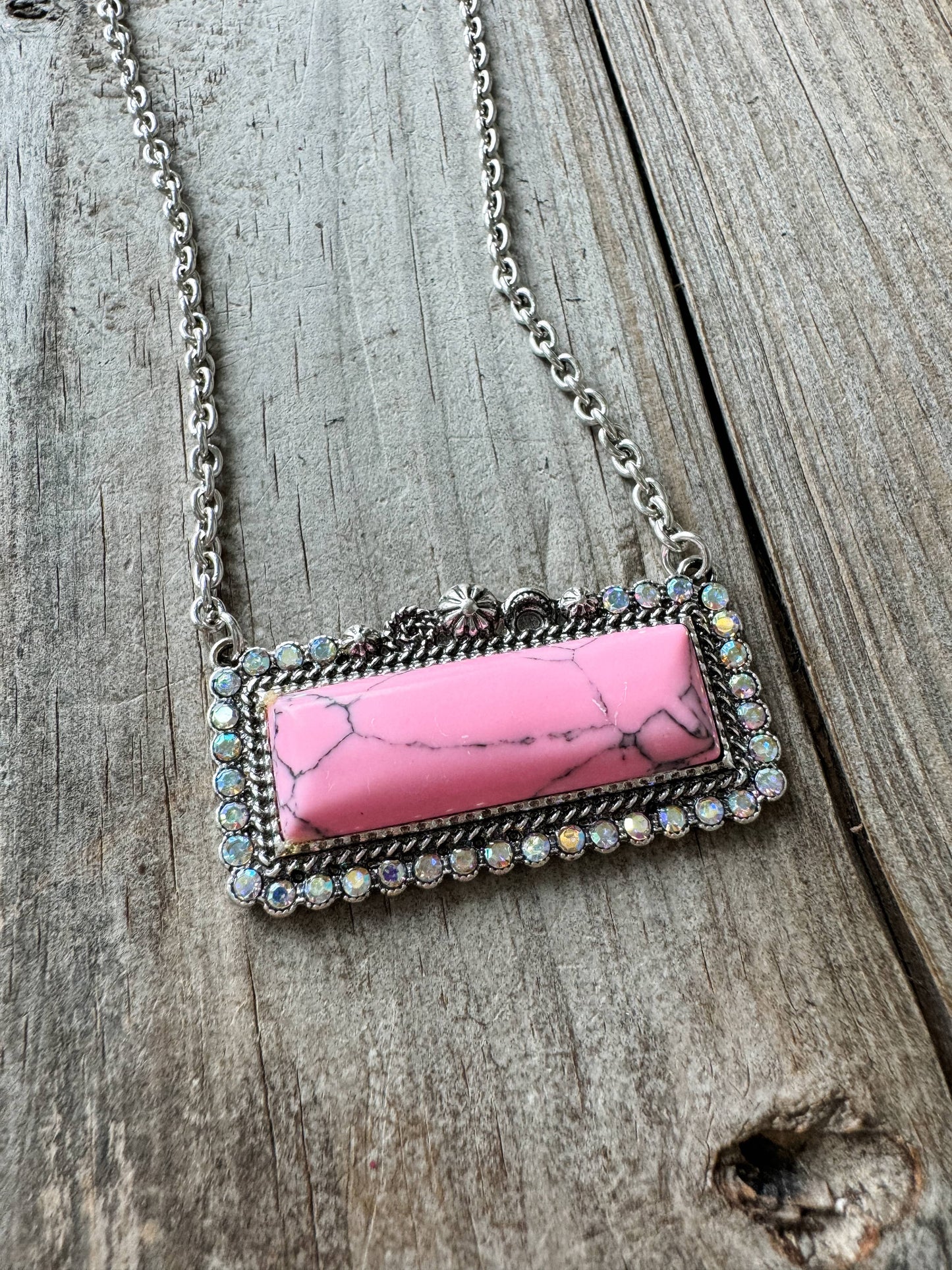 Western Semi Stone Bar Necklace - with Rhinestone edge: TURQUOISE/ BROWN
