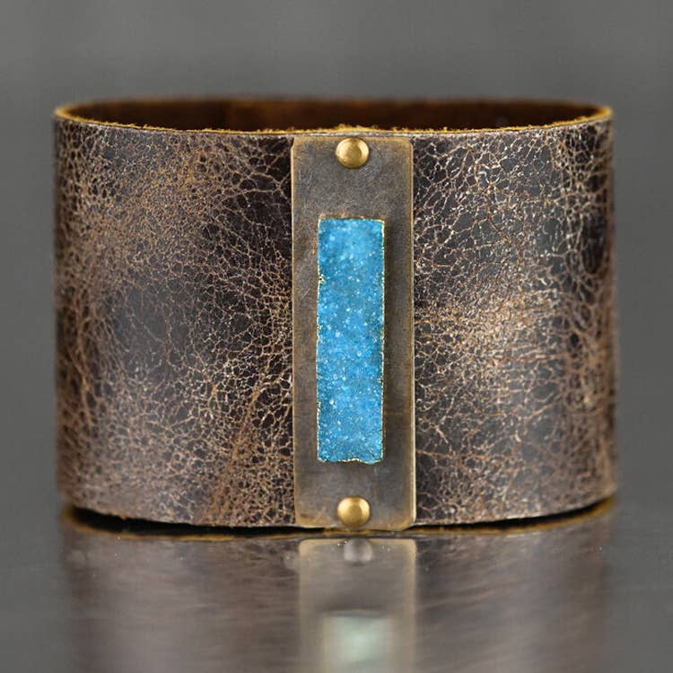 2" Leather Cuff w/ Turquoise Druzy - Choose Leather: Soft Black Distress
