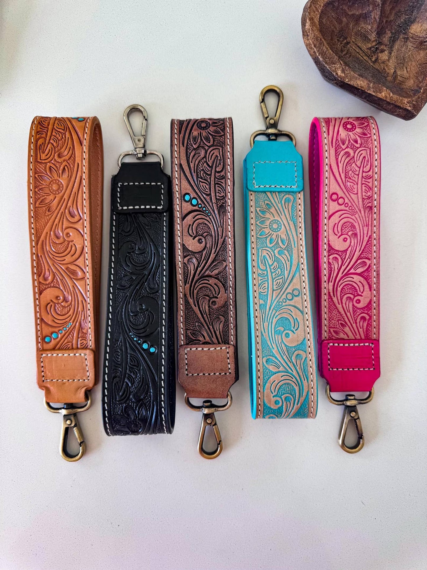 Hand Tooled Leather Keychain - Key Fob: SKINNY - TAN