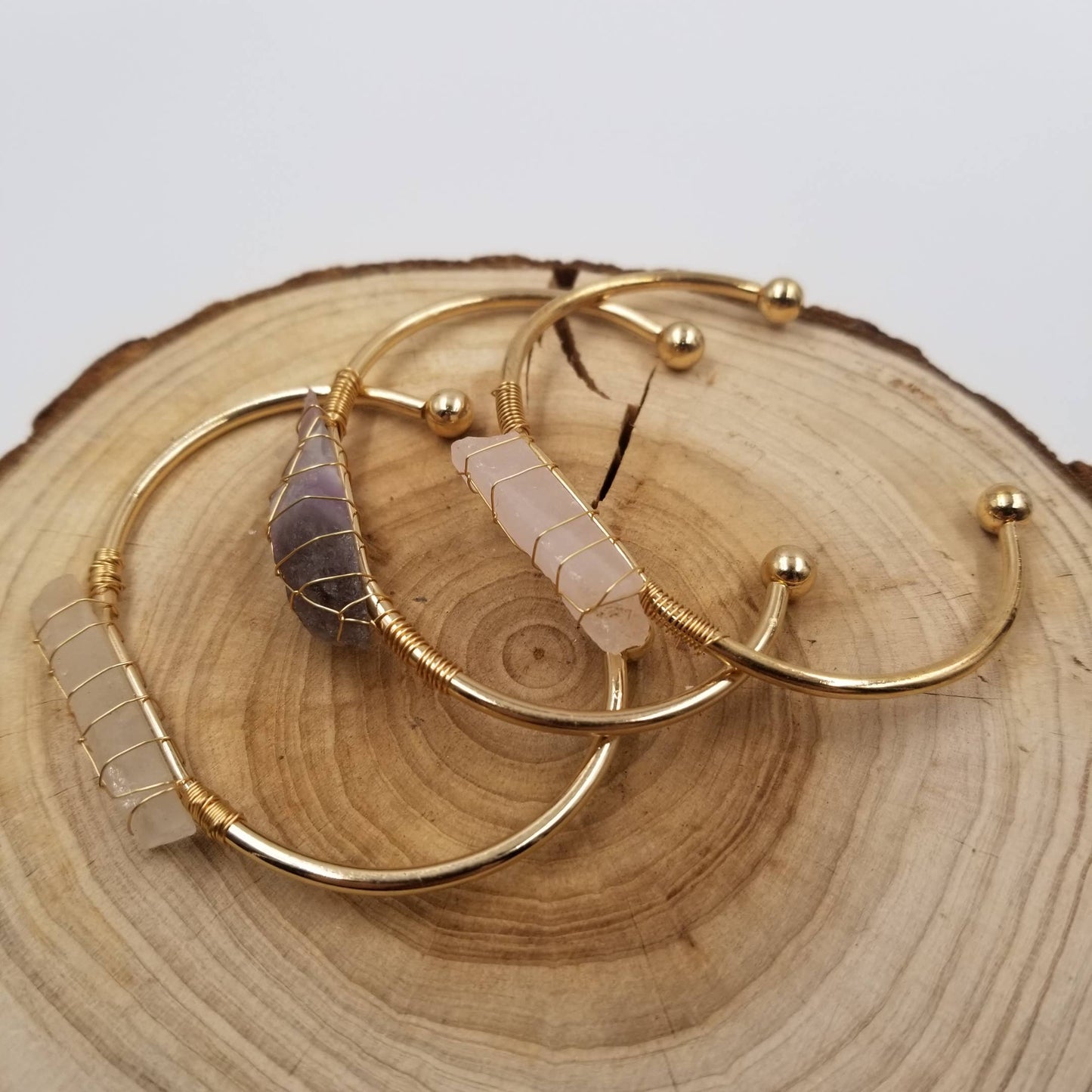 Gold Crystal Cuff Gem Stone Bangle Boho Bracelet: White