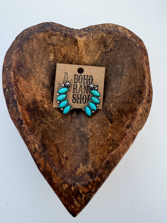 Western Concho Semi Stone Stud Earrings: Turquoise