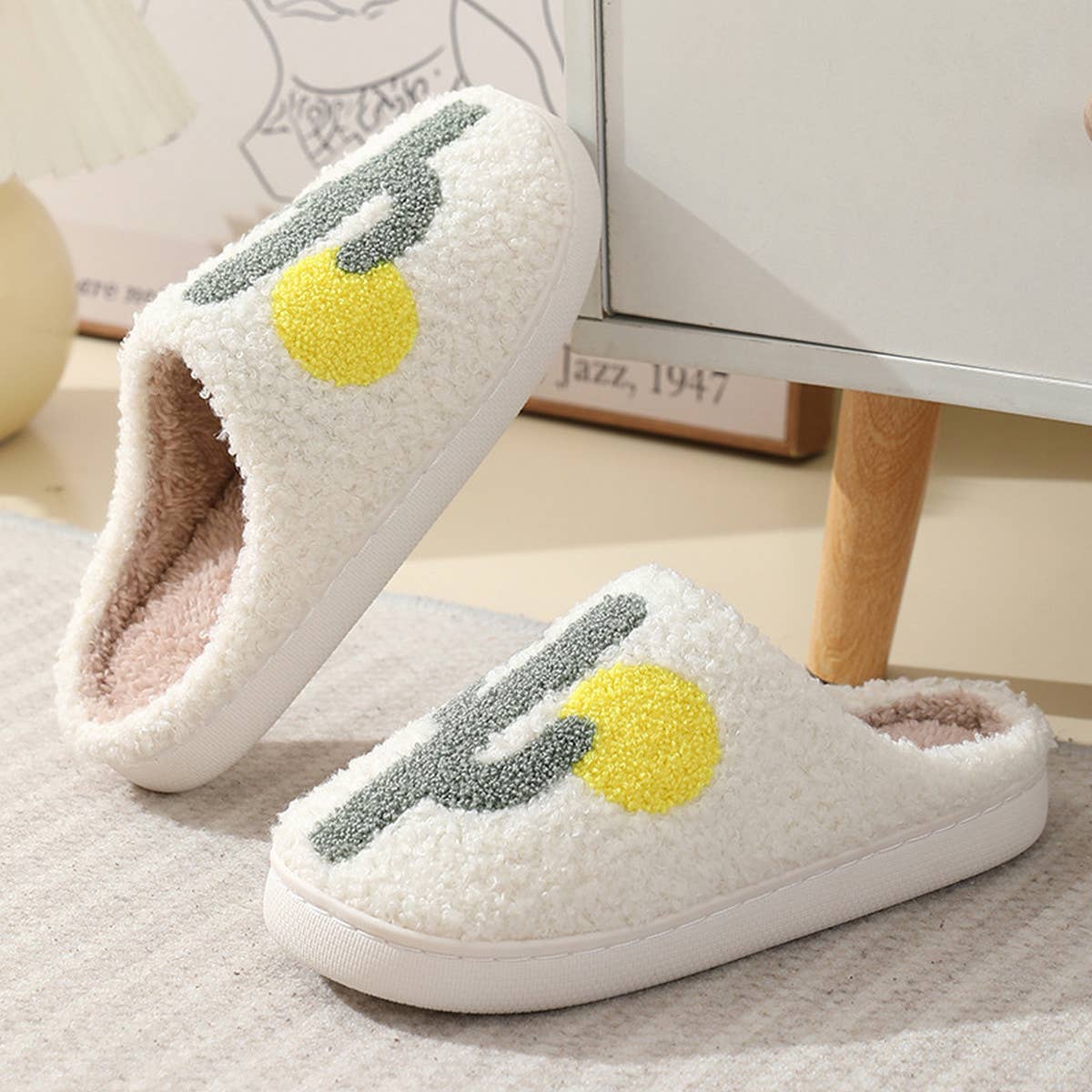 CACTUS PATTERN WARM COTTON SLIPPERS_CWSHS0285: White / (7) 1