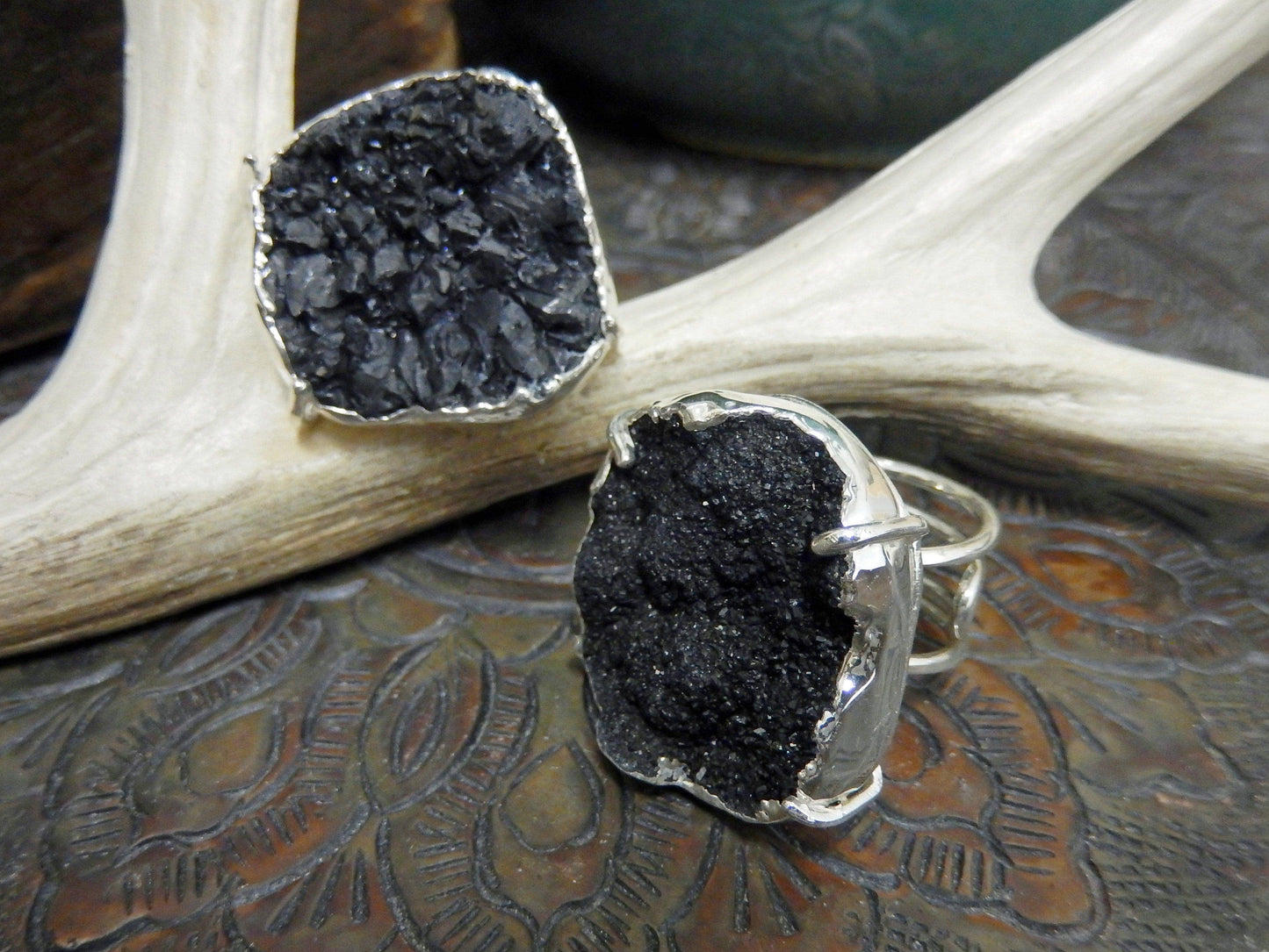 Druzy Ring - Adjustable Size - Stone Edged in Electroplated in 24k Gold or Silver: Silver / Dark