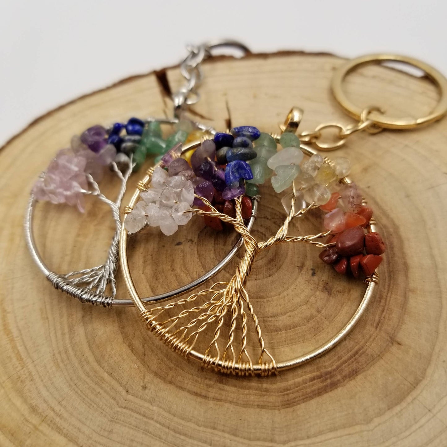Natural Crushed Stone Crystal Life Tree Keychain: Silver