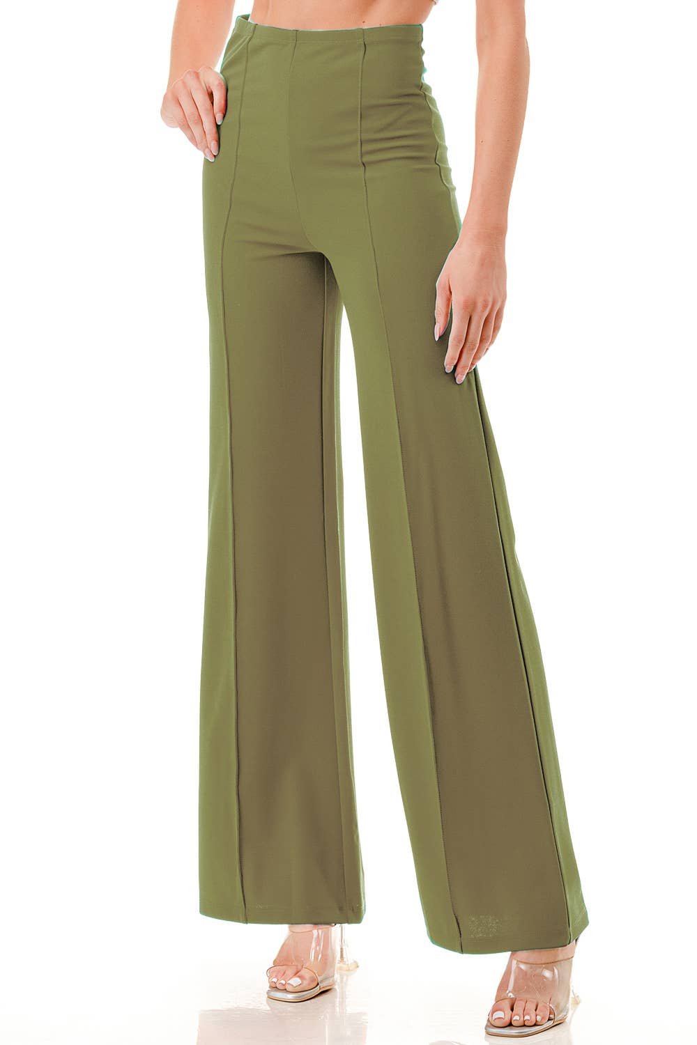 Solid color wide leg high waist dressy pants with trim line: Rust