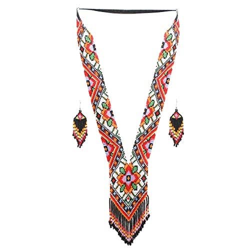 Native Tribal Style Long Statement Beaded Necklace for Women Y Shape: Gray Red Flower