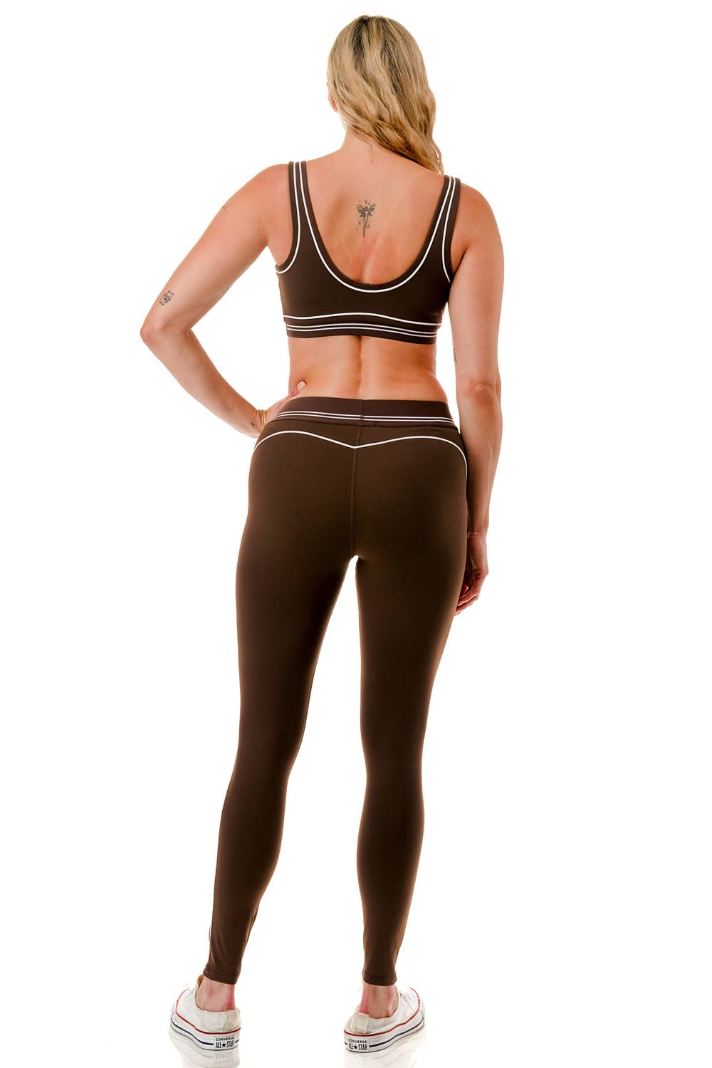Premium sports bra with matching white trim line legging set: Black