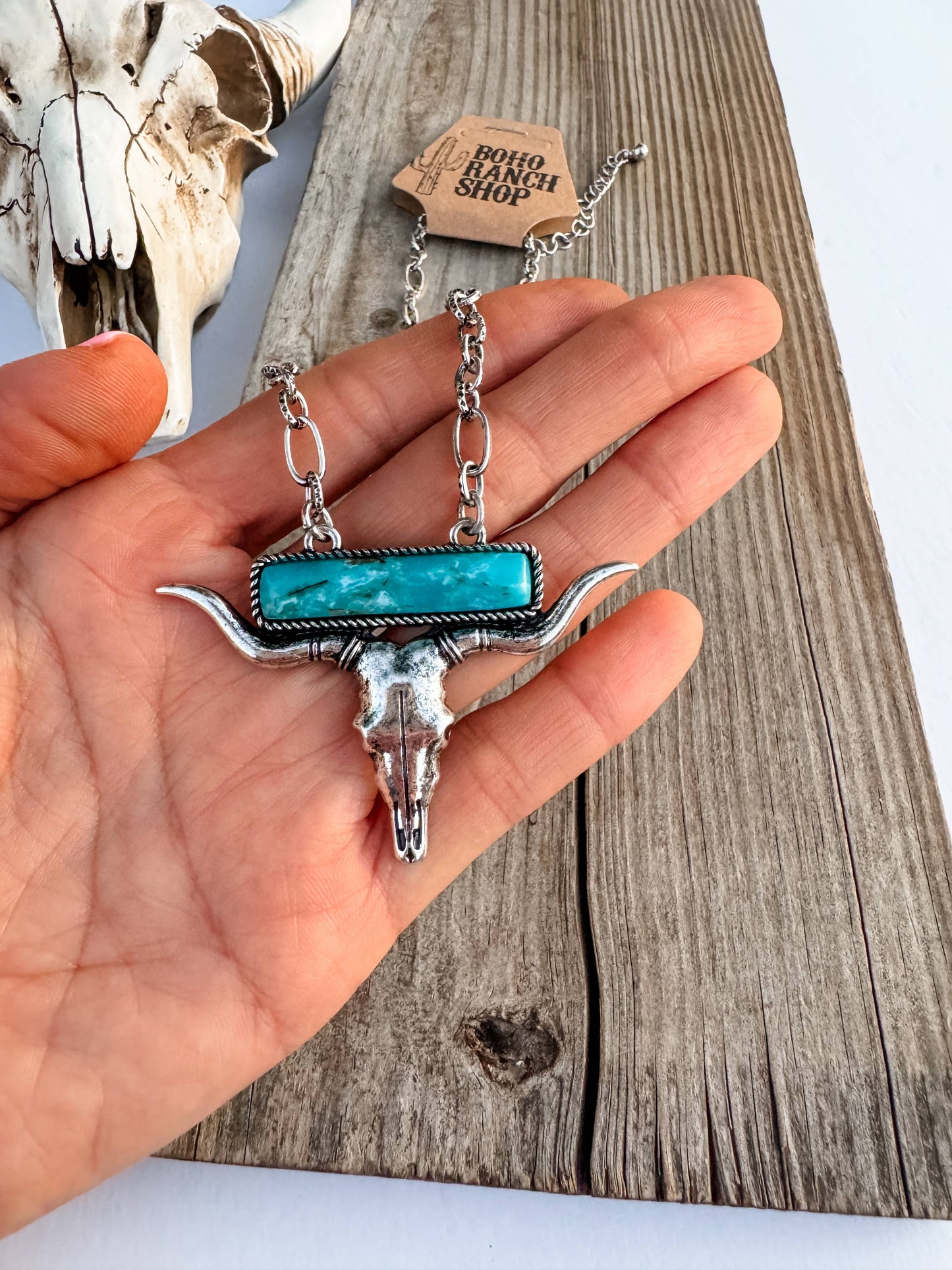 Western Stone Steer Longhorn Pendant Necklace
