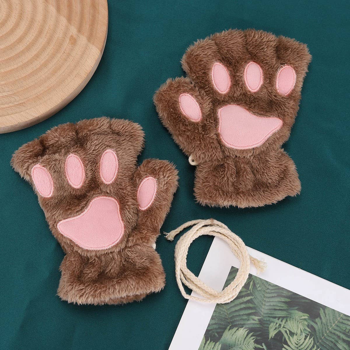 CARTOON CAT PAW BEAR PAW PLUSH HALF FINGER GLOVES_CWAG0175: DARKCOFFEE / (OS) 2