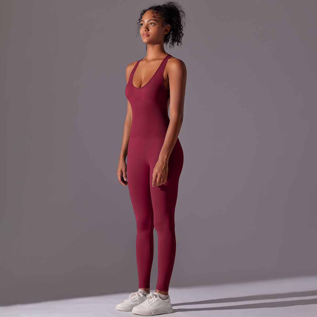 Women Seamless Women's I-Back Tight Yoga Sport Jumpsuit: Gray / L