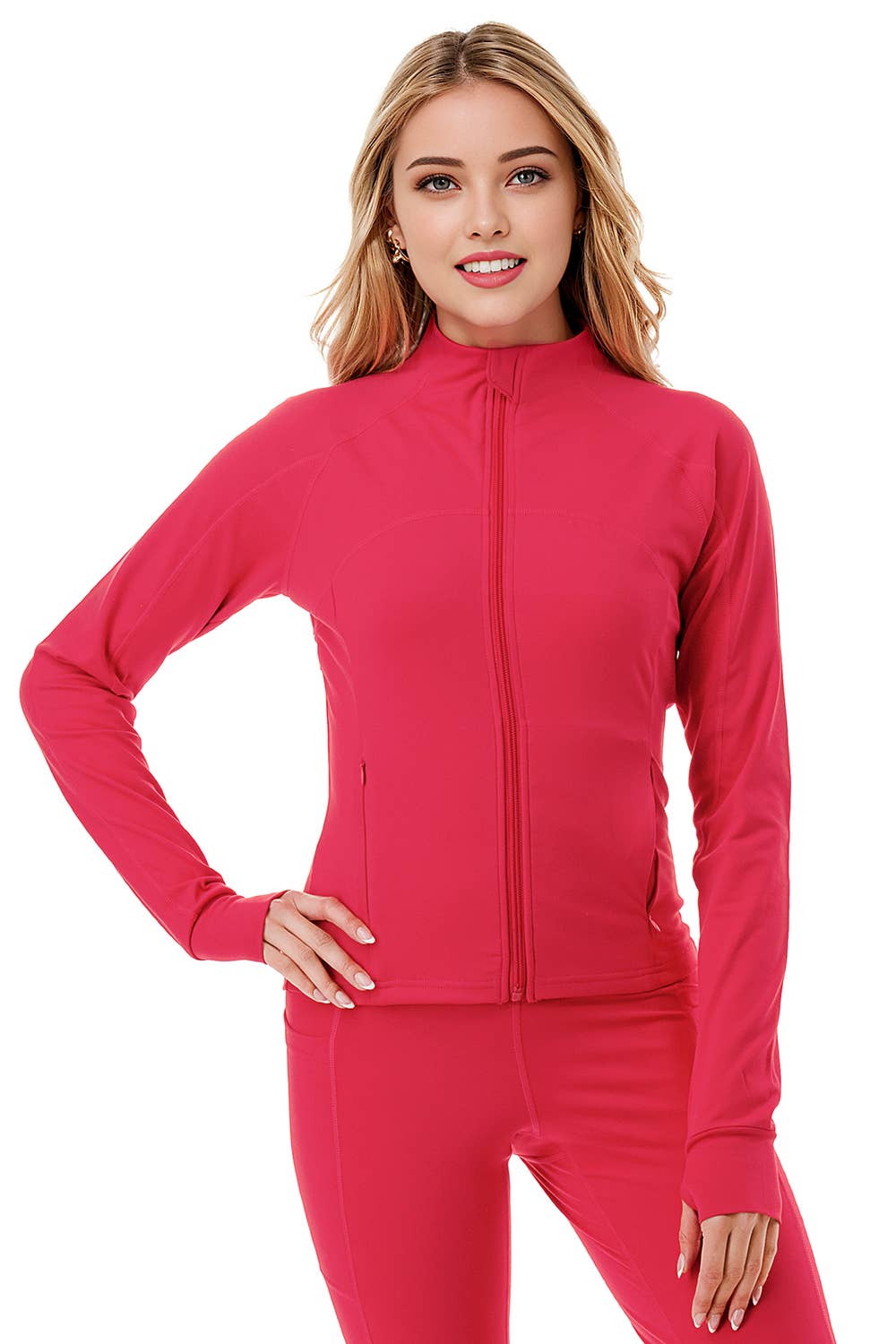 Solid color activewear define jacket with yoga legging set  : Black