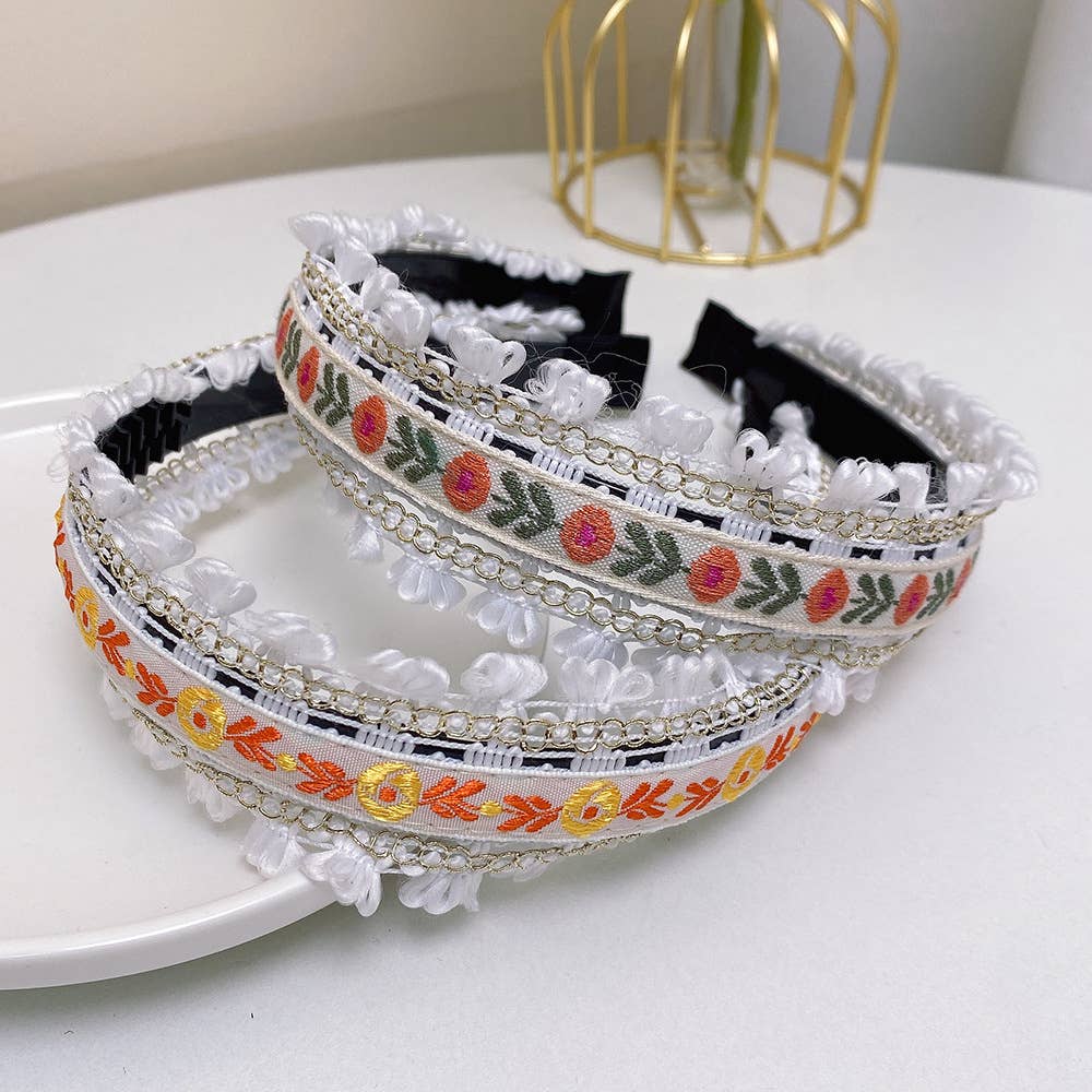 Boho Embroidered Floral Fabric Hair Bands: Brown-A