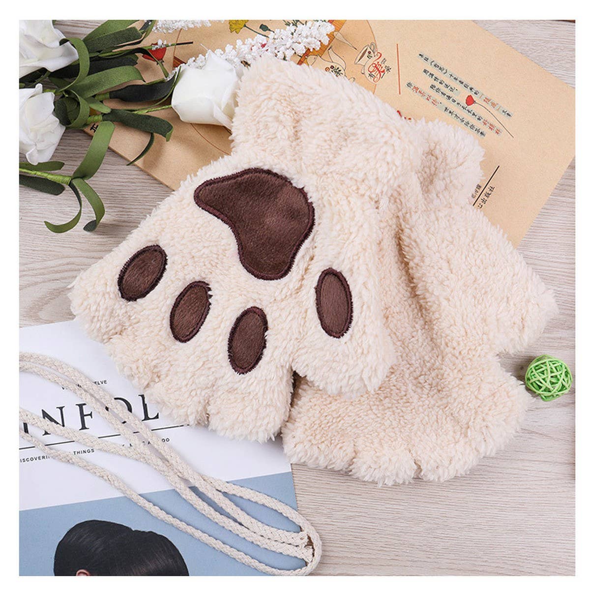CARTOON CAT PAW BEAR PAW PLUSH HALF FINGER GLOVES_CWAG0175: ROSE / (OS) 2