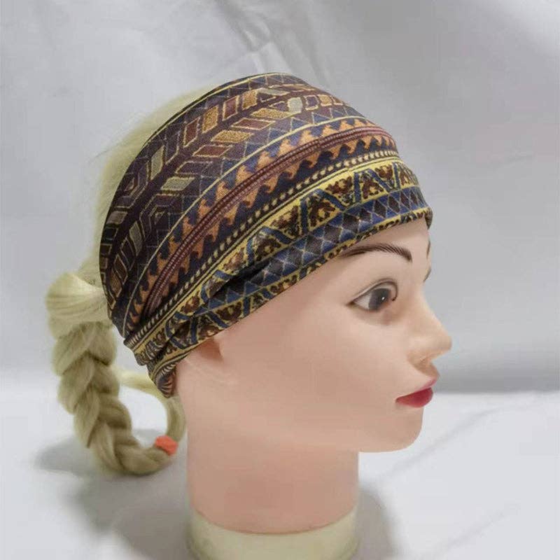 Ethnic Vintage Wide Print Sports Headband: Coffee
