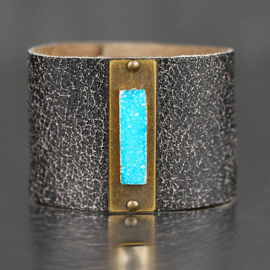 2" Leather Cuff w/ Turquoise Druzy - Choose Leather: Soft Black Distress