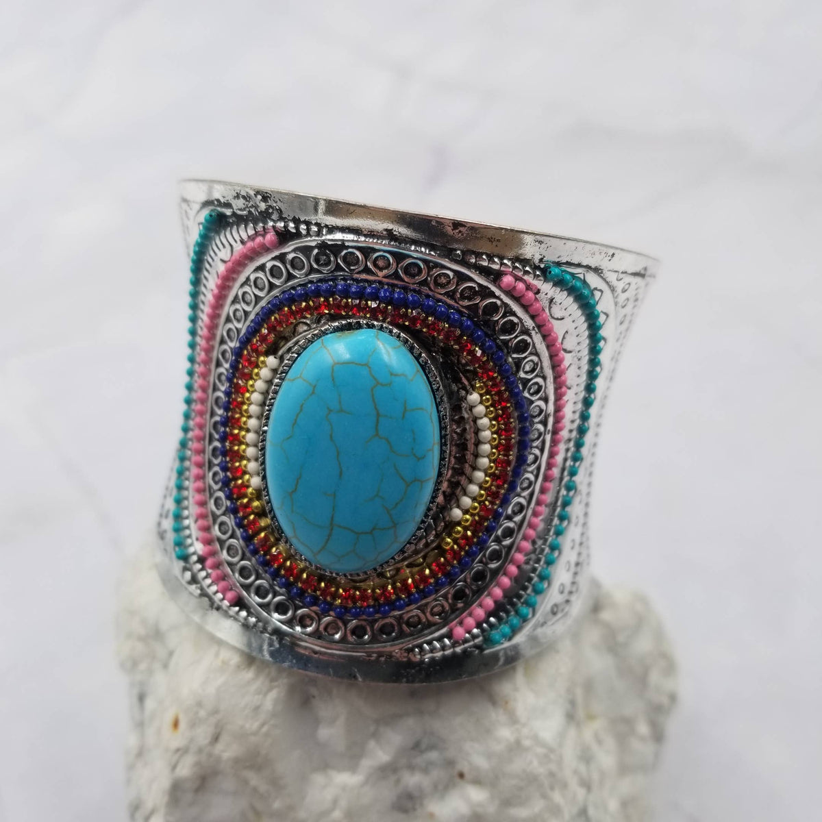 Turquoise Gemstone Silver Wavy Bangle Cuff Bracelet